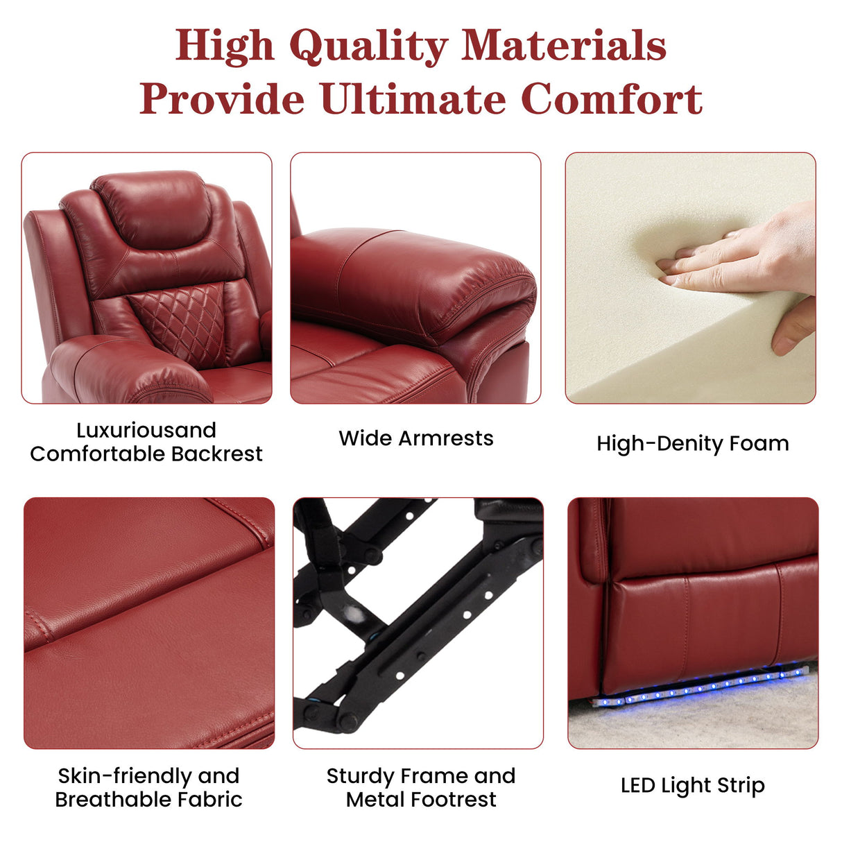 Home Theater Seating Manual Recliner Chair With Center Console And LED Light Strip For Living Room - Red
