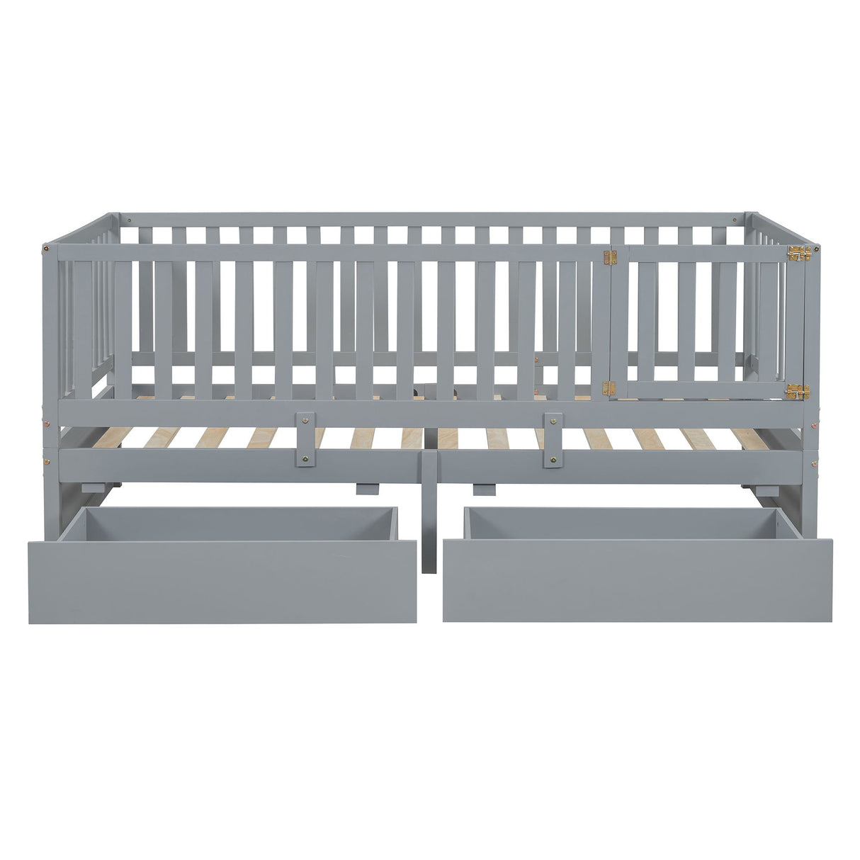 Daybed With Fence Guardrails And 2 Drawers, Split Into Independent Floor Bed & Daybed
