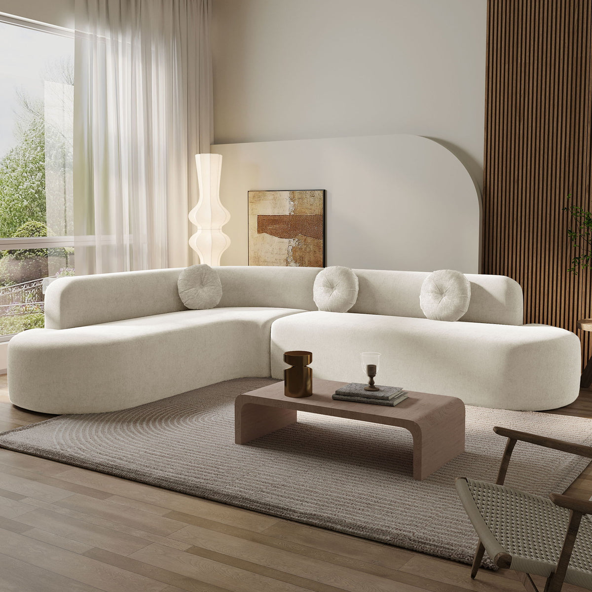 Extra Large Sectional Sofa Soft Fabric Upholstery, Elegant Curved Design With 3 Round Cushions, High - Resilience Foam For Ultimate Comfort - Beige