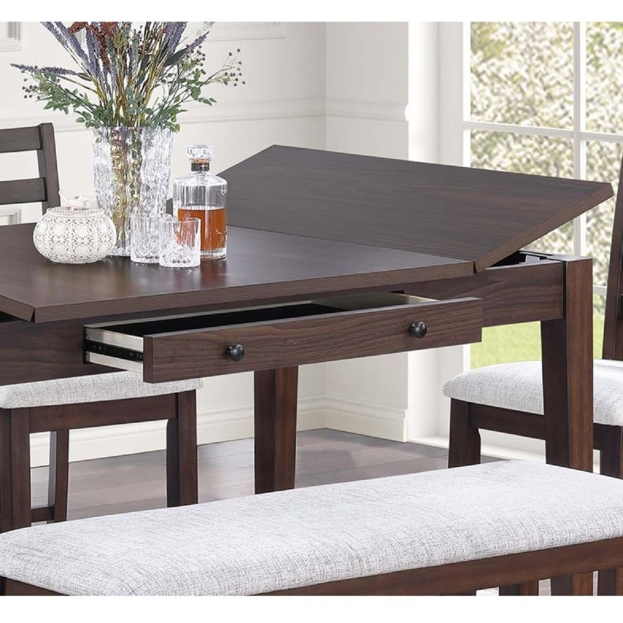 6 Piece Counter Height Dining Set Table With Storage Ladder Back Chairs And Bench - Walnut