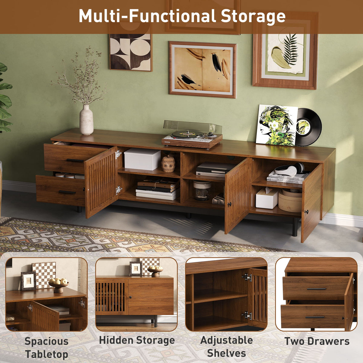 TV Stand, Media Console With 2 Drawers, Soft Closing Hinges, Adjustable Shelves - Walnut