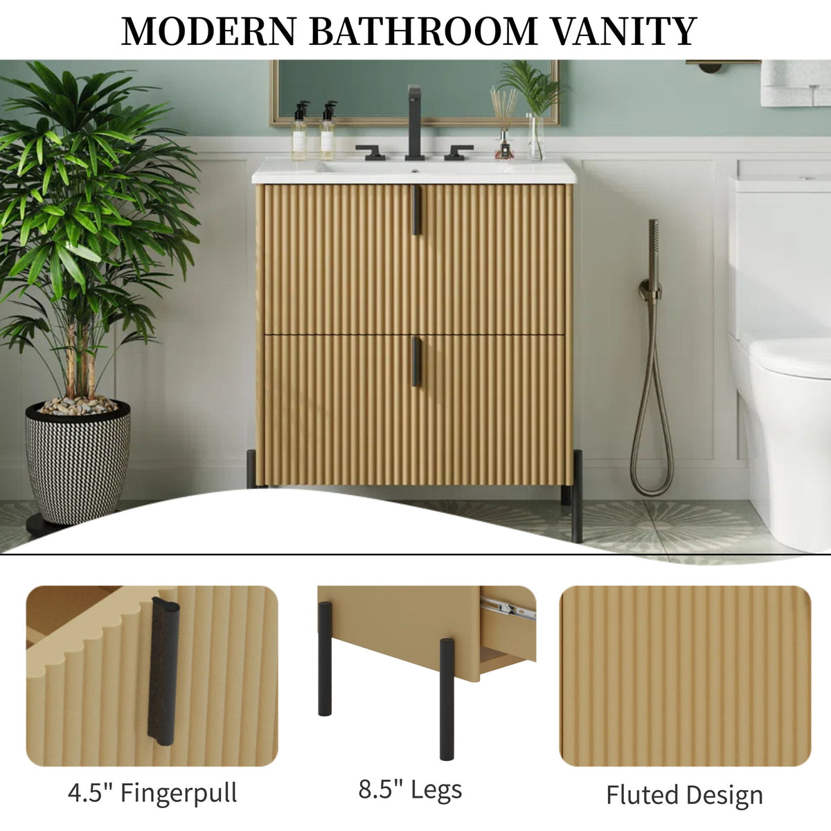 Fluted Bathroom Vanity With Ceramic Sink, Freestanding Design