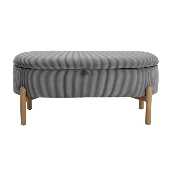 Mid-Century Gray Corduroy Lift-Top Storage Bench
