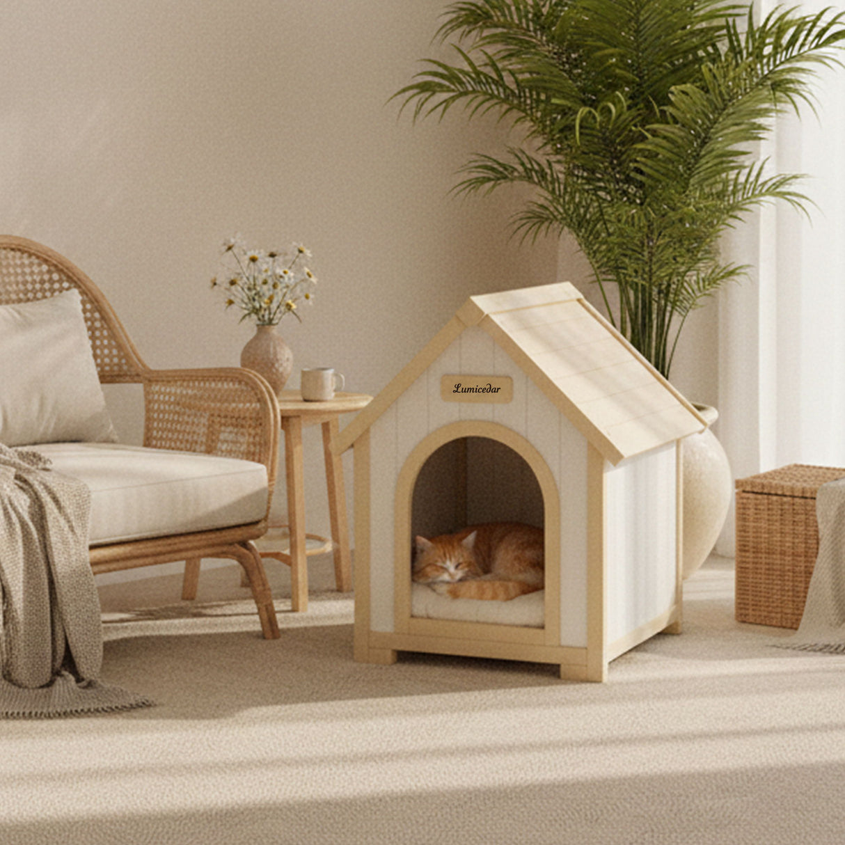 Indoor Dog House With Cushion Pet House For Small Dogs & Cats - Creamy White / Light Yellow