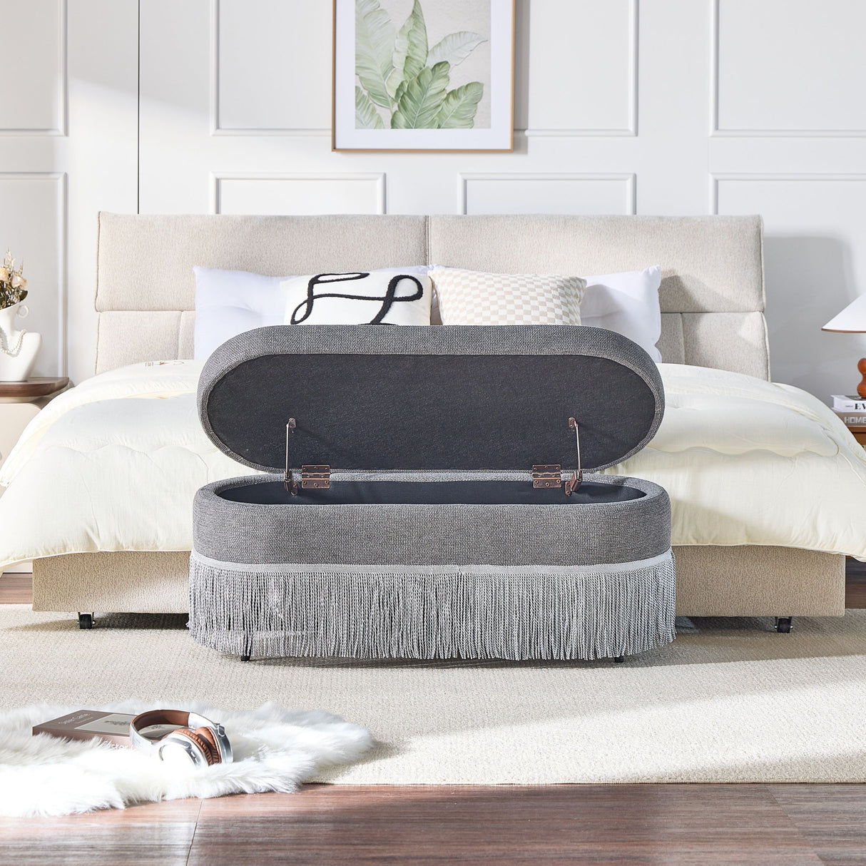Oval Upholstered Storage Ottoman With Fringe Trim & Lift Top Lid