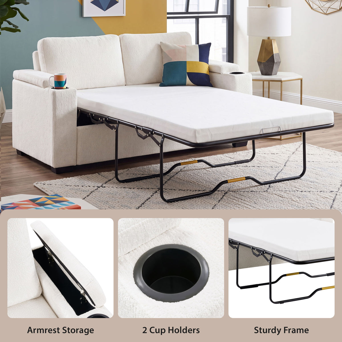 Pull Out Sofa Bed Loveseat With Twin Mattress, Cup Holders And Arm Storage