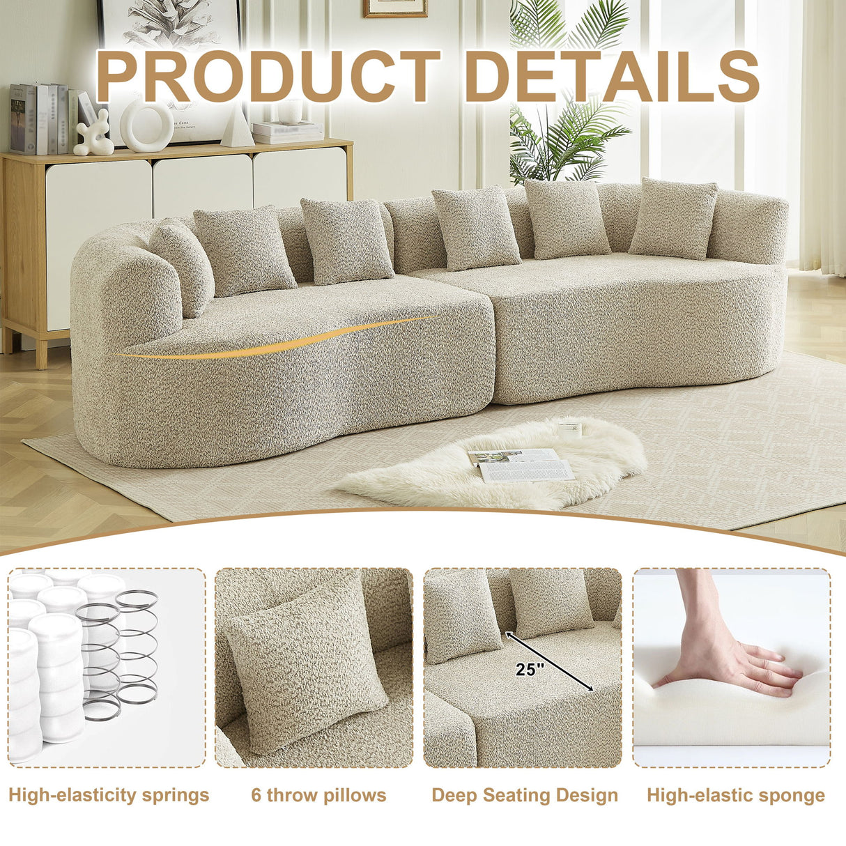 Curved Sectional Sofa With 6 Pillows