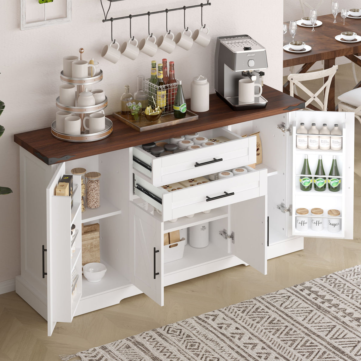 Barn Door Storage Cabinet With 2 Drawers & Door Rack, Adjustable Shelves