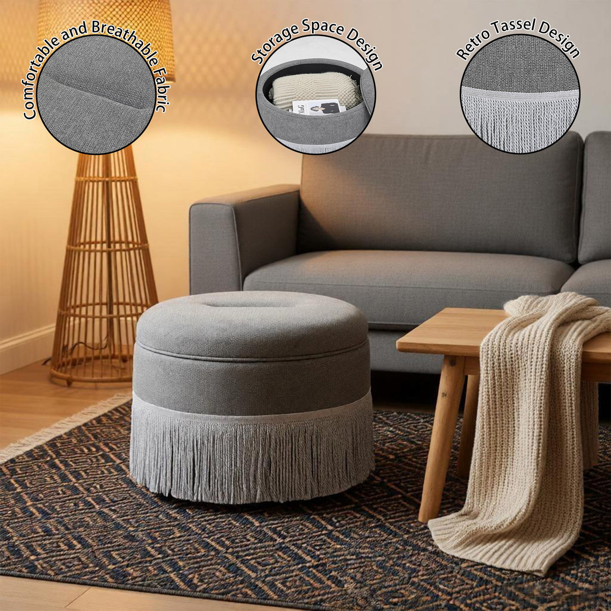 Round Storage Ottoman With Tassel, Decorative Accent Pouf For Living Room
