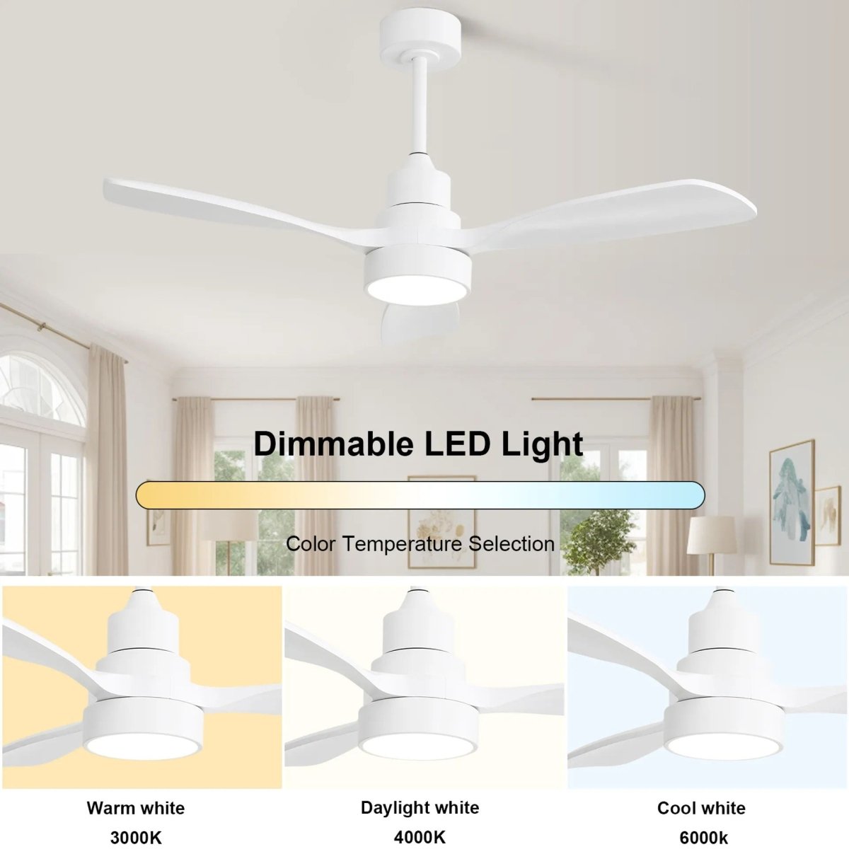 48" Ceiling Fan With Dimmable 3Cct LED Light, DC Motor, Reversible - White - Ceiling Fans available at Alpine Outlets in Denver