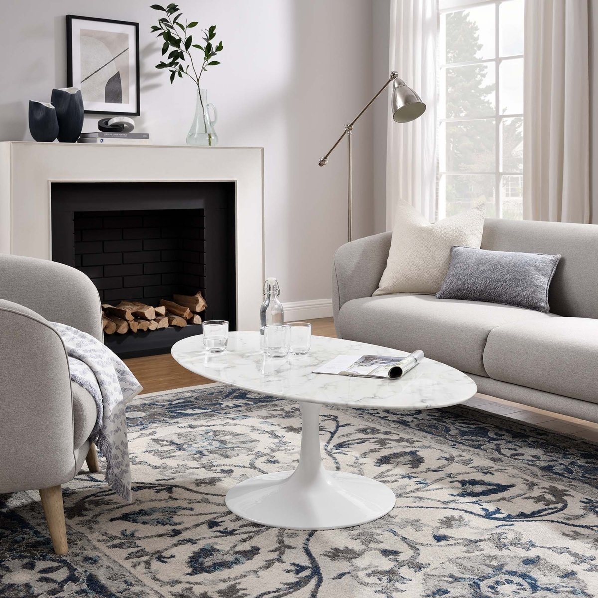 48 Inch Oval Artificial Marble Pedestal Coffee Table - Coffee Tables available at Alpine Outlets in Denver