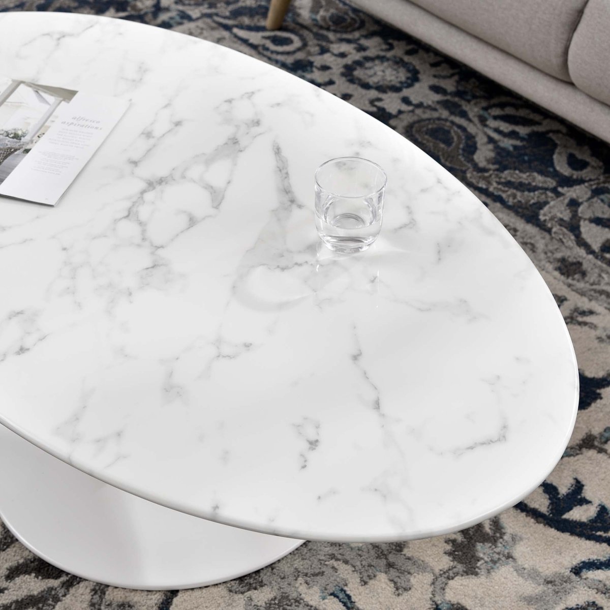 48 Inch Oval Artificial Marble Pedestal Coffee Table - Coffee Tables available at Alpine Outlets in Denver