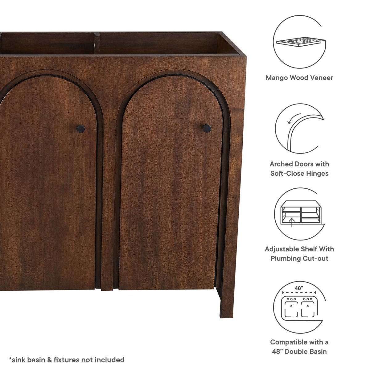 48" Walnut Bathroom Vanity Cabinet – MDF and Mango Wood Veneer - Bathroom Fixtures - Alpine Outlets