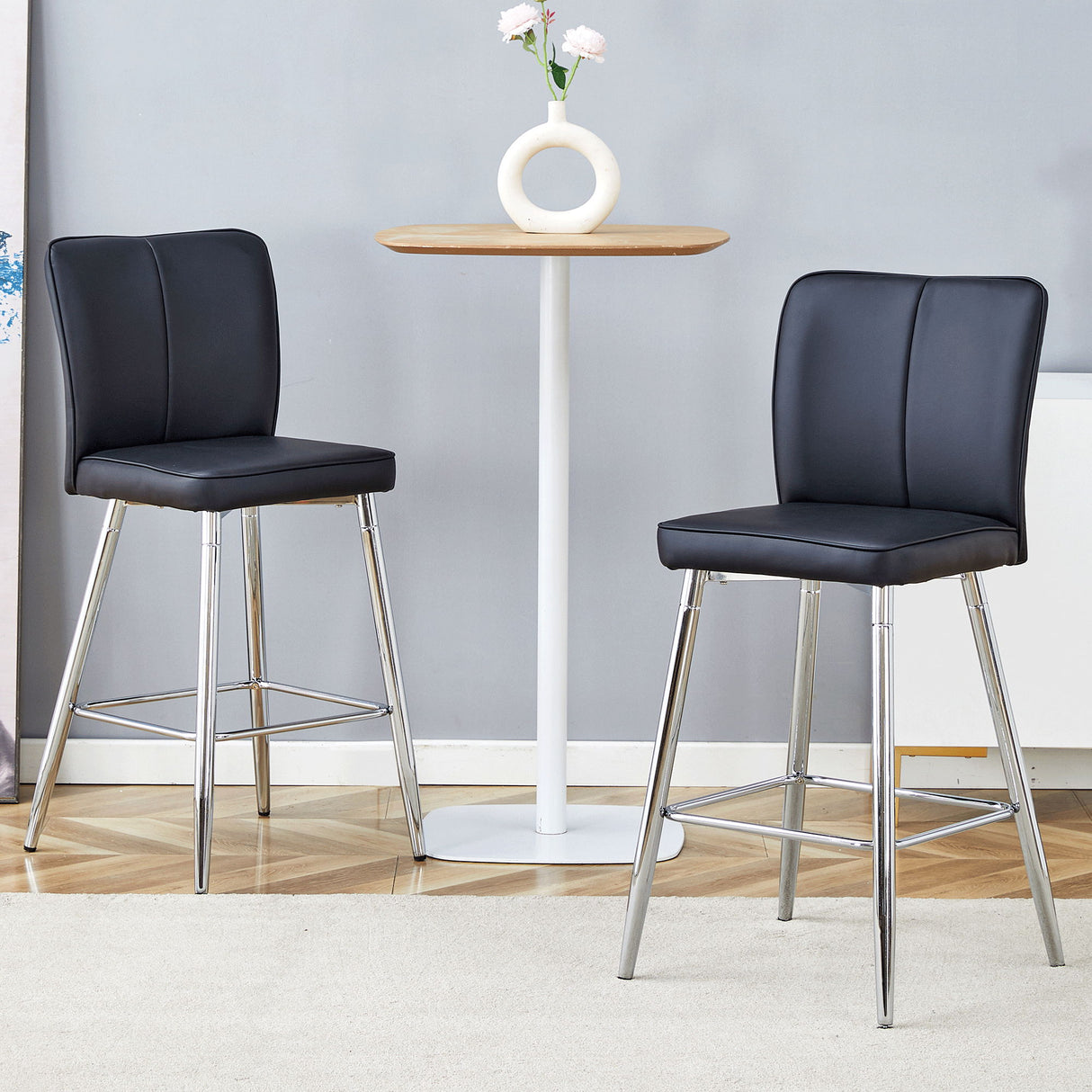 Modern Bar Chair Set Streamlined Backrest Metal Legs 2 Pieces - Black / Silver