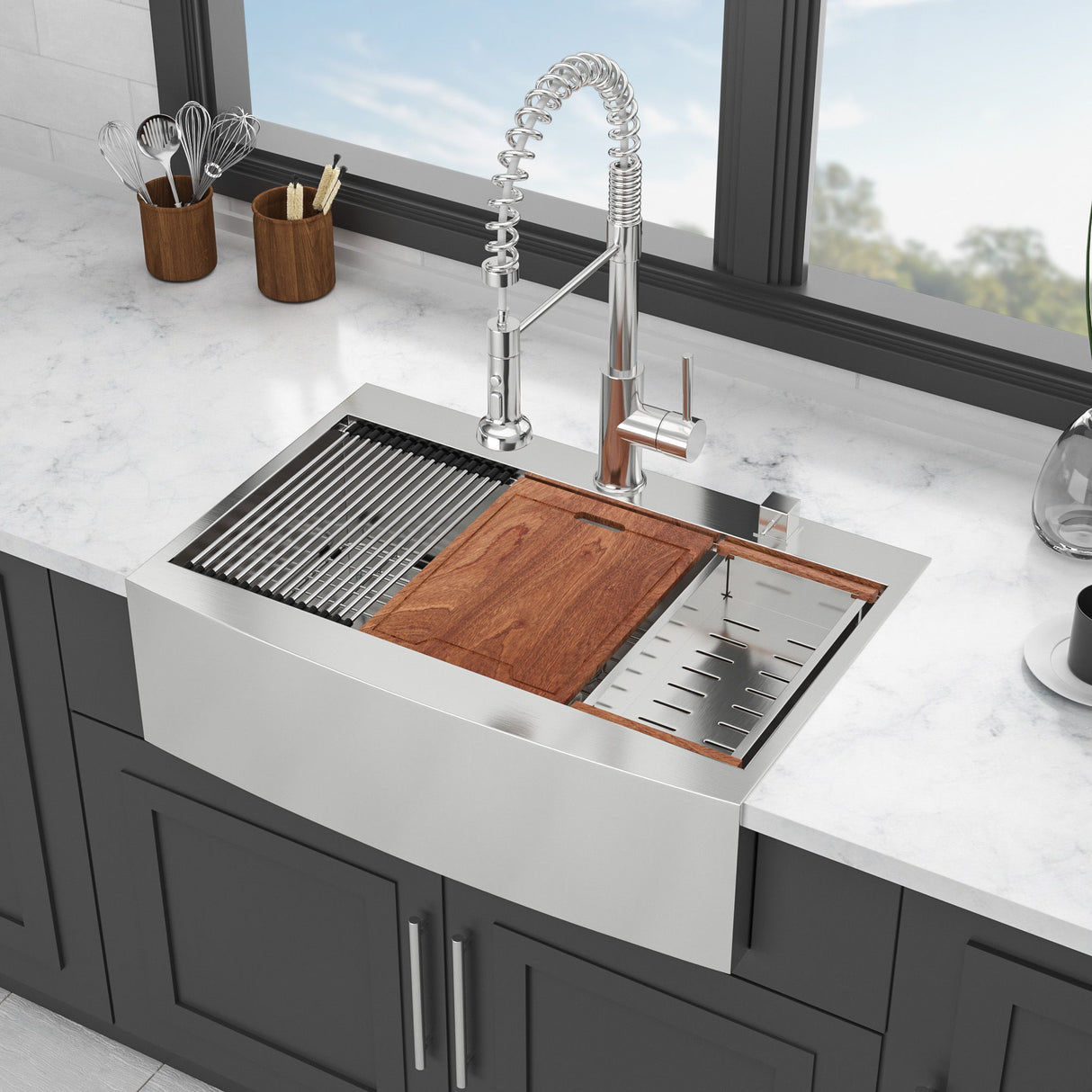 Modern Farmhouse 36" Stainless Steel Drop In Workstation Kitchen Sink With Apron Front - Brushed Nickel