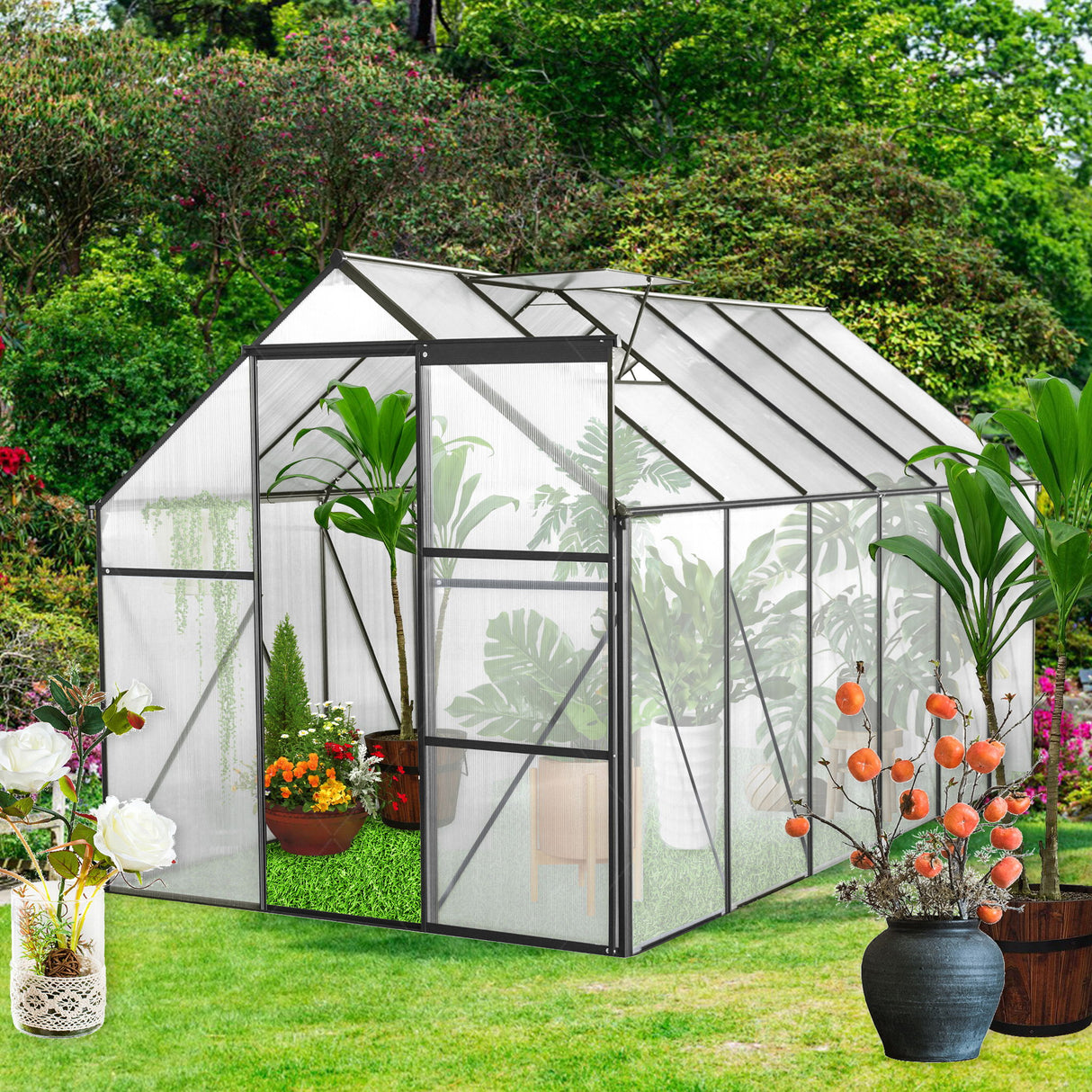 Polycarbonate house Raised Base And Anchor Aluminum Heavy Duty Walk-In houses For Outdoor Backyard In All Season