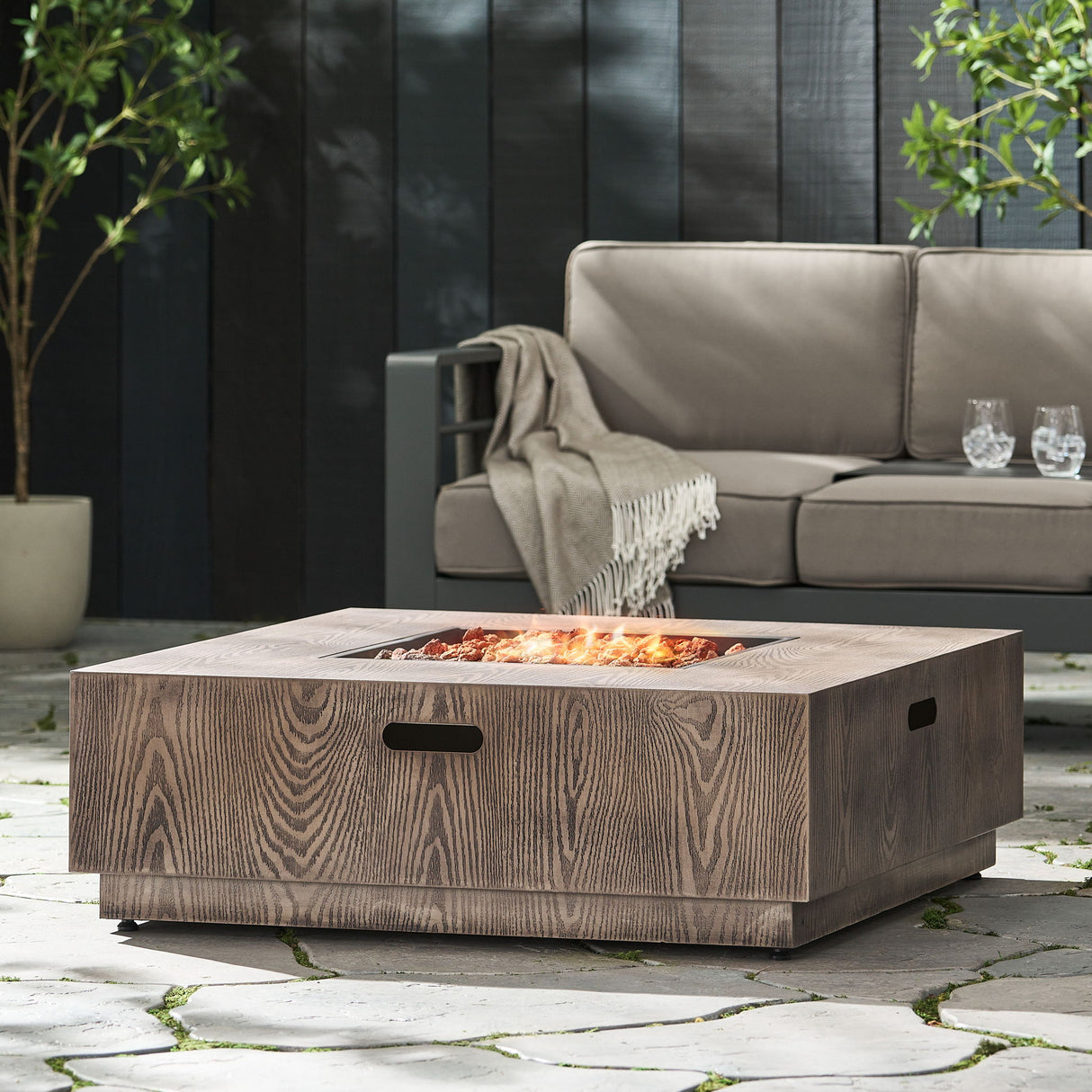 Outdoor Propane Fire Pit Table Iron Wood Pattern 50000 BTU Dark Brown
