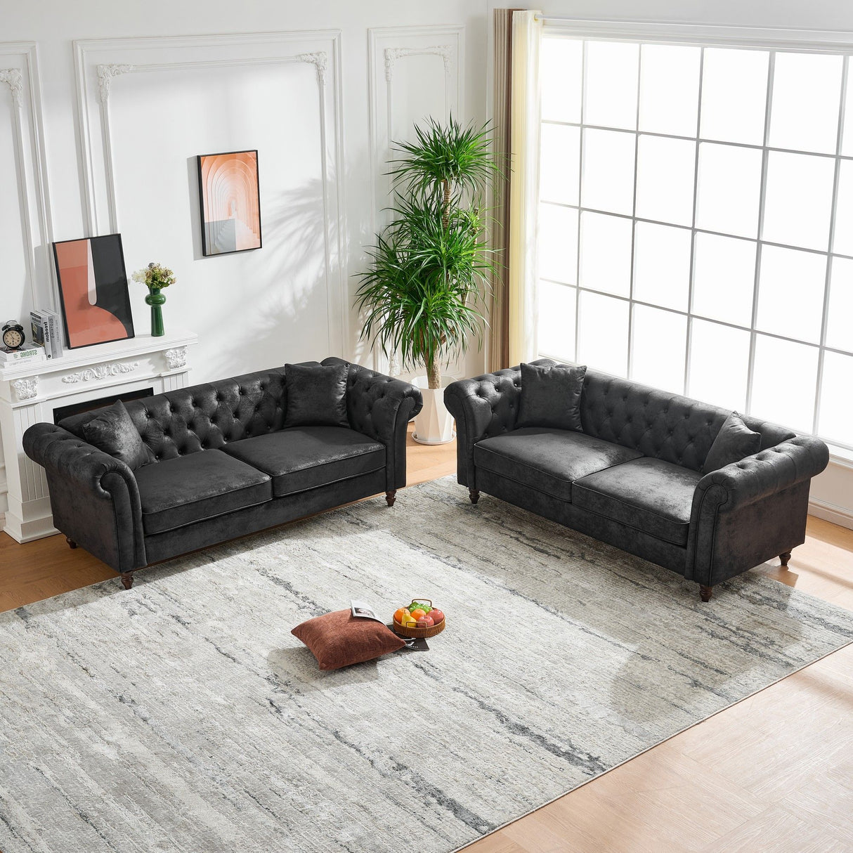 Chesterfield Sofa, High Tech Fabric Roll Armrest, 3 Seater Mid Century Modern Couch - Black