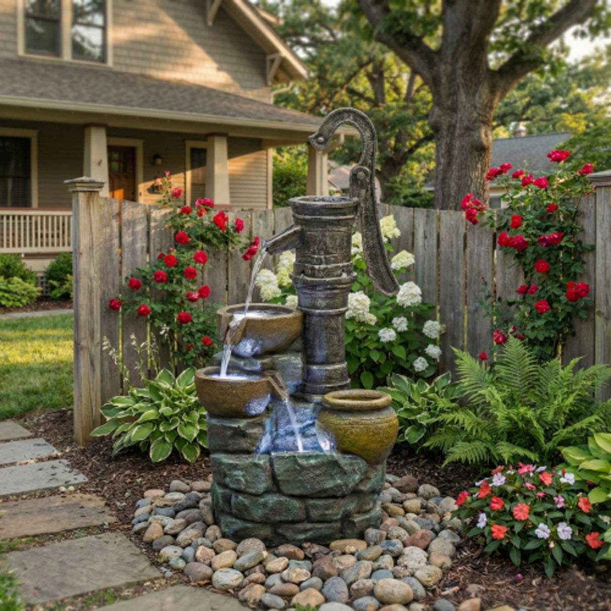 Hand Pump Water Fountain With LED Lights - Gray