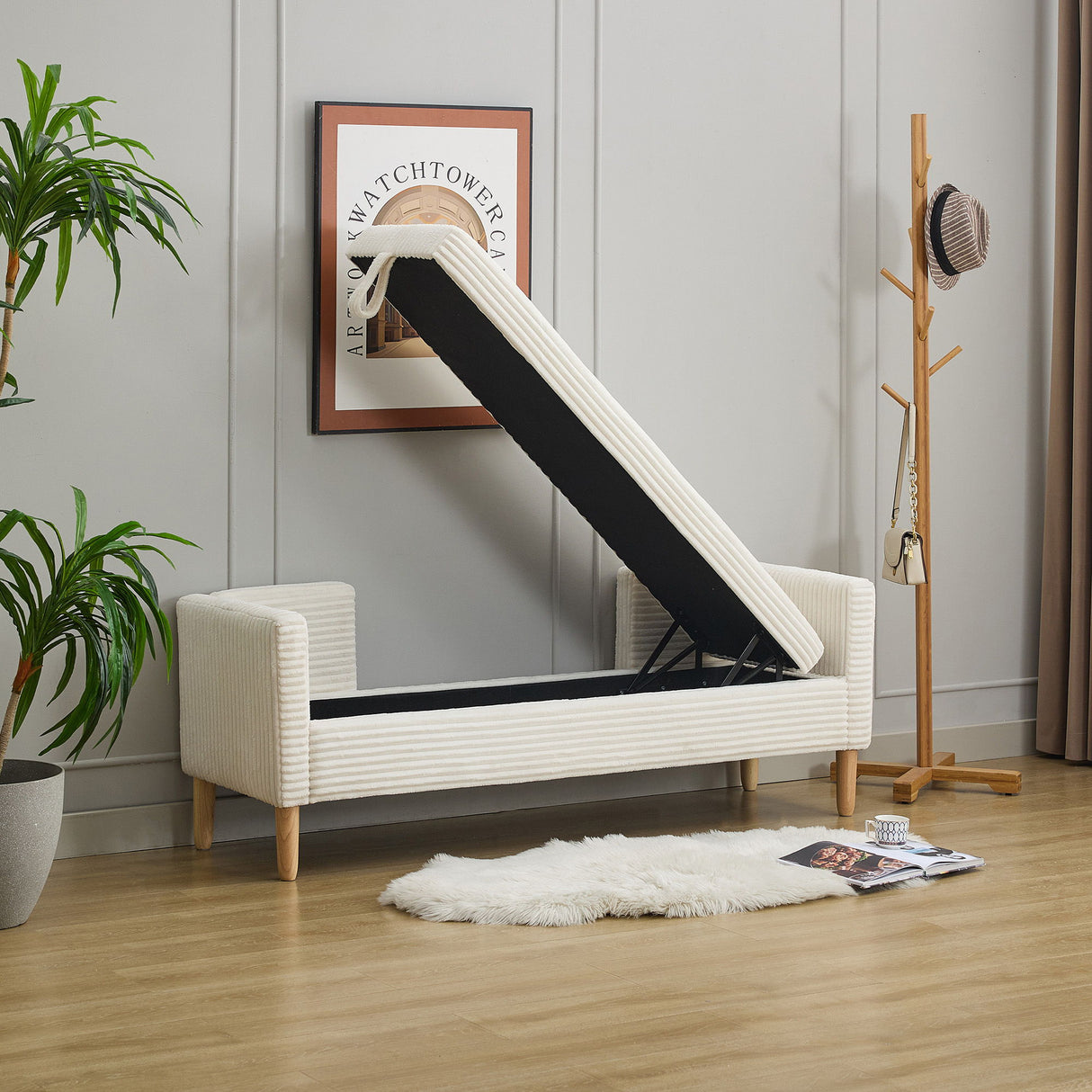 Upholstered Corduroy Flip Top Storage Bench For Living Room