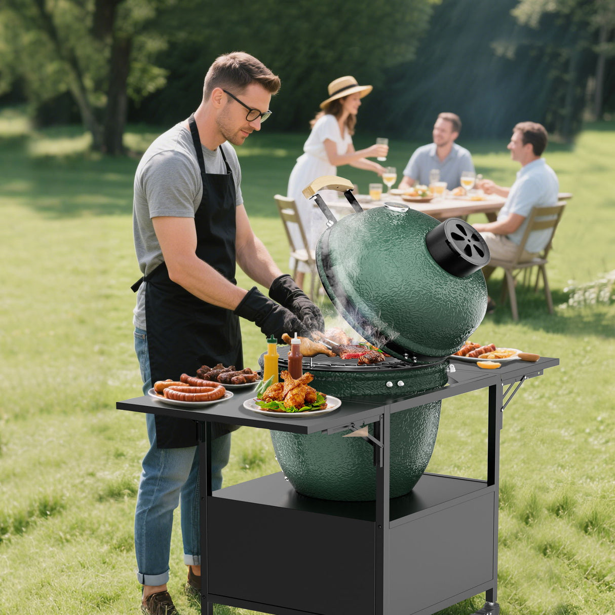 Outdoor Grill Table For Big Egg Style Bbq Metal Grill Cart With 2 Folding Panels Metal - Black