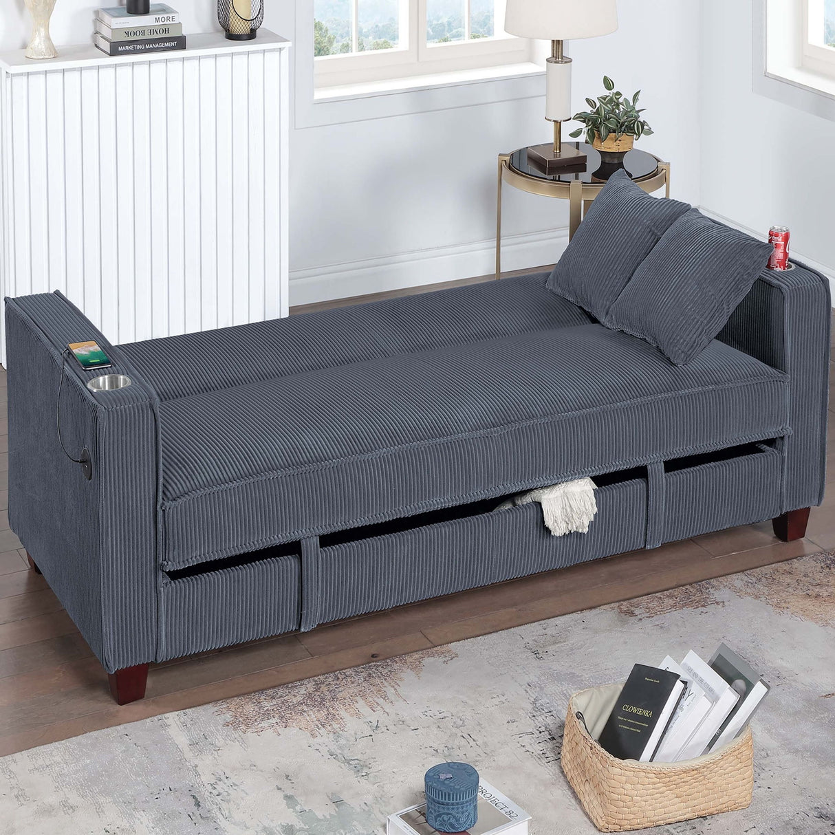 Modern Convertible Sofa With Hidden Storage USB Port, Cup Holder