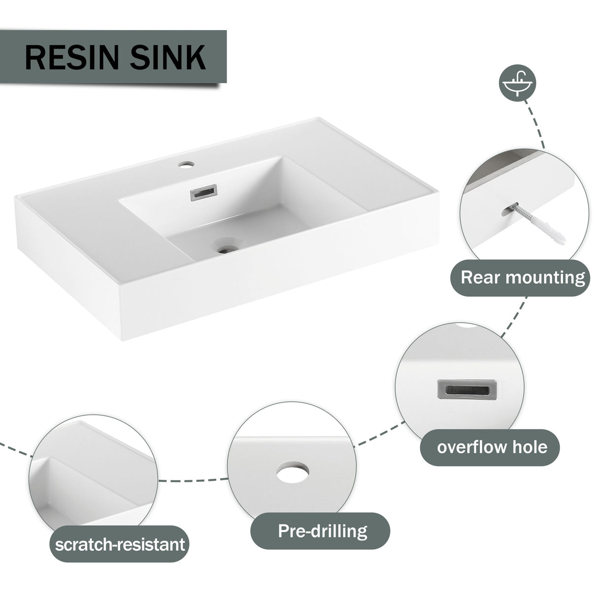 Modern Wall Mounted Bathroom Vanity With Resin Sink, Soft Close Drawer - Imitative Oak