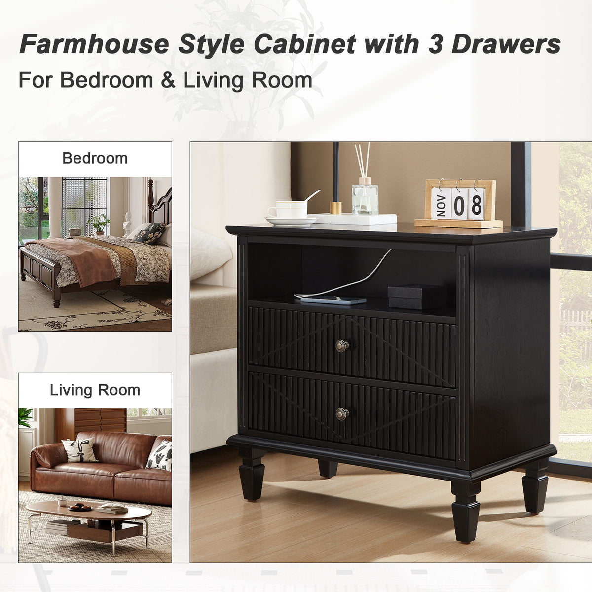 Nightstand With Charging Station, 2 Drawer Bedside Table - Black