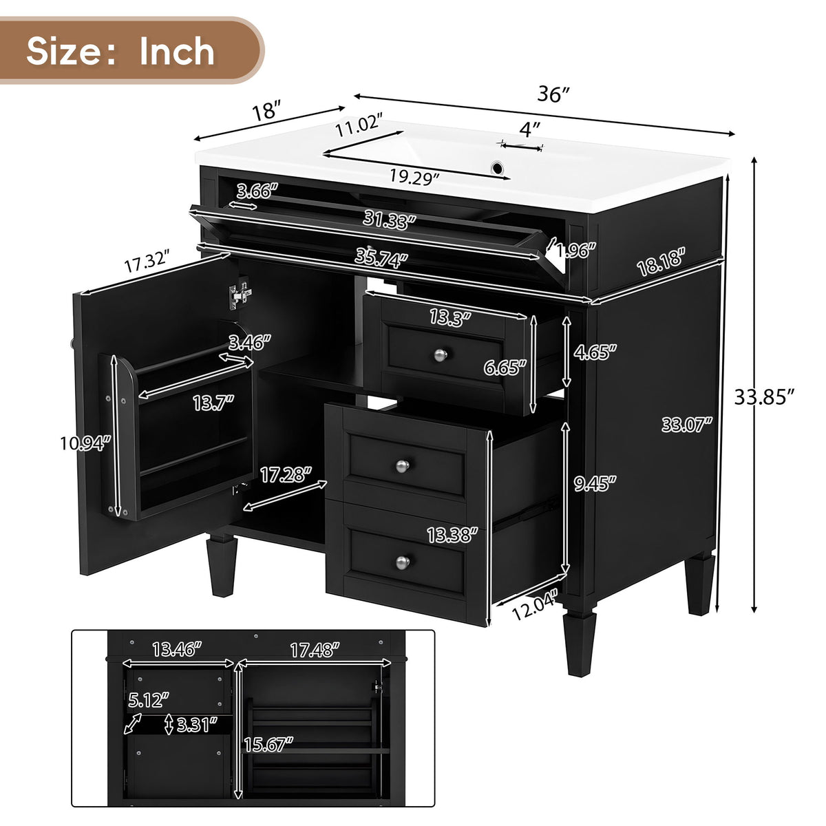 Bathroom Vanity With Sink, Rectangular Storage Cabinet & 2 Drawers And Tip Out Drawer