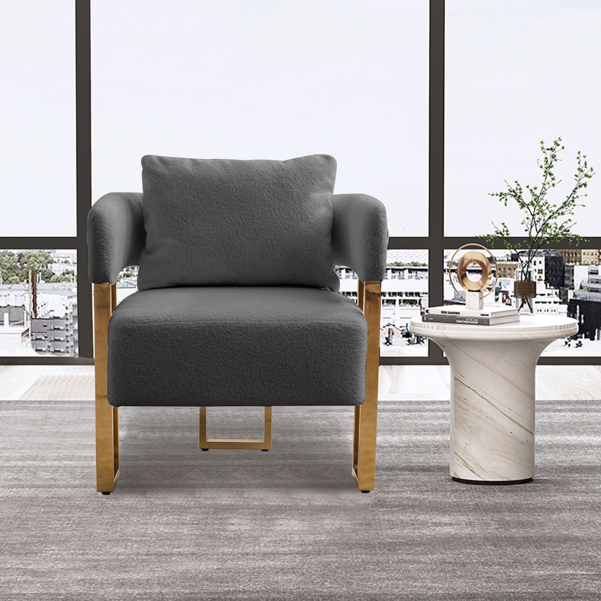 Modern Decorative Chair Teddy Fleece Upholstered And Metal Foot