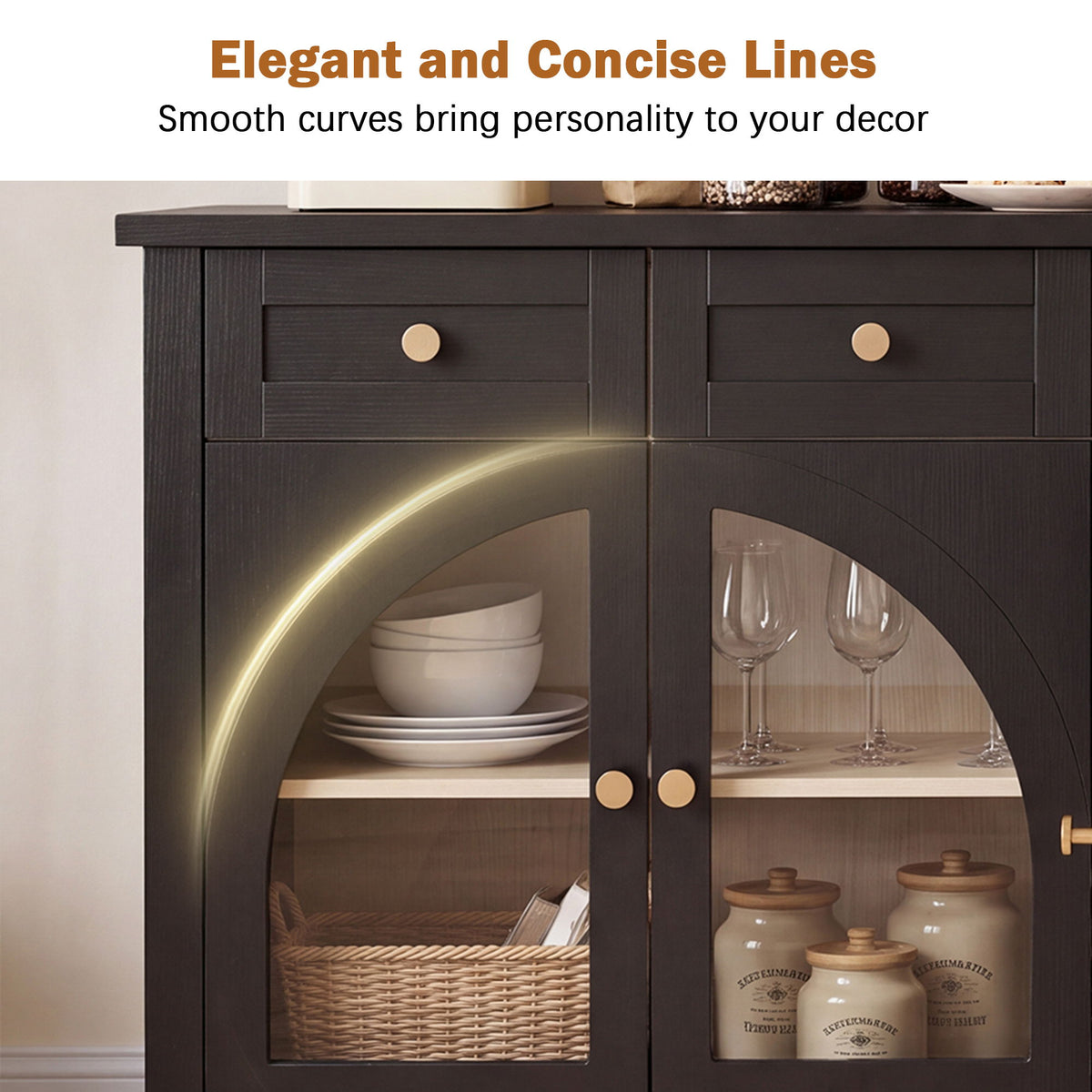 Sideboard Cabinet With 4 Drawers And 4 Arched Glass Doors