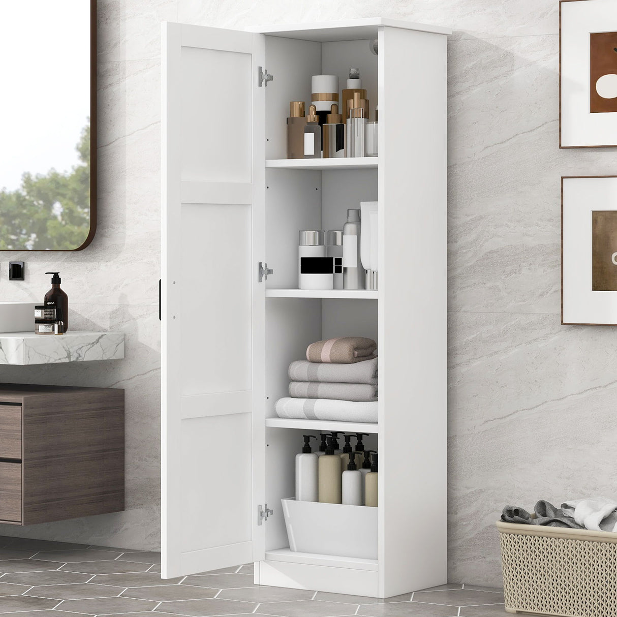 Storage Cabinet With 1 Door And Adjustable Shelf, Rectangle Shape - White