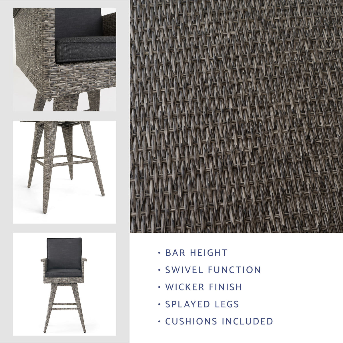 Outdoor Rattan Swivel Barstool With Water Resistant Cushion - Black / Gray