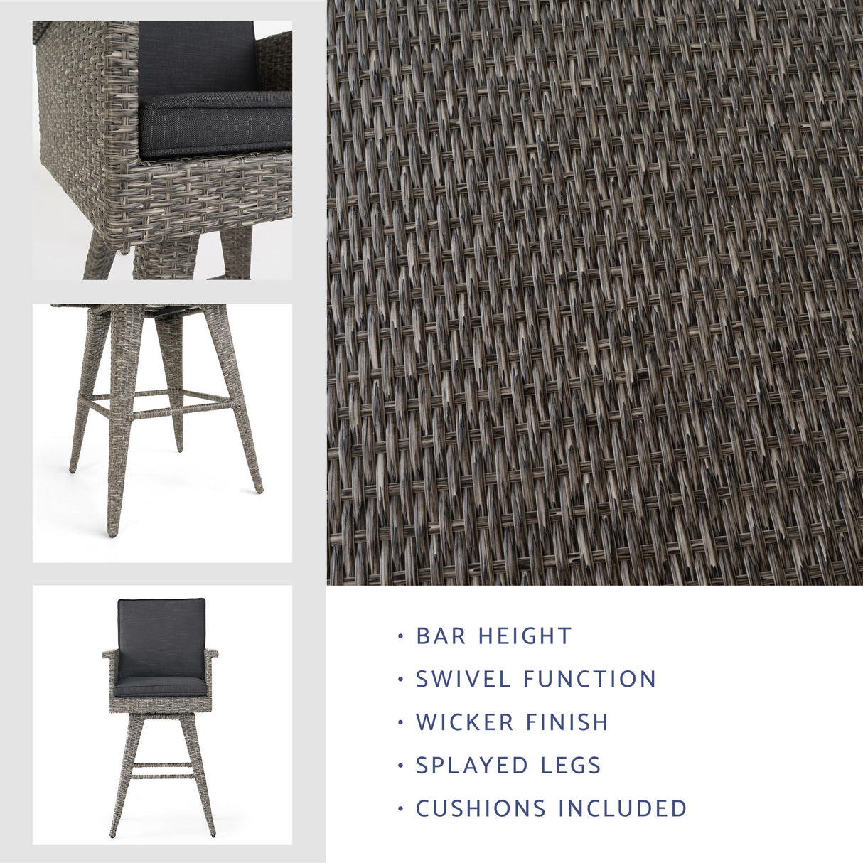Outdoor Rattan Swivel Barstool With Water Resistant Cushion - Mixed Black / Dark Gray