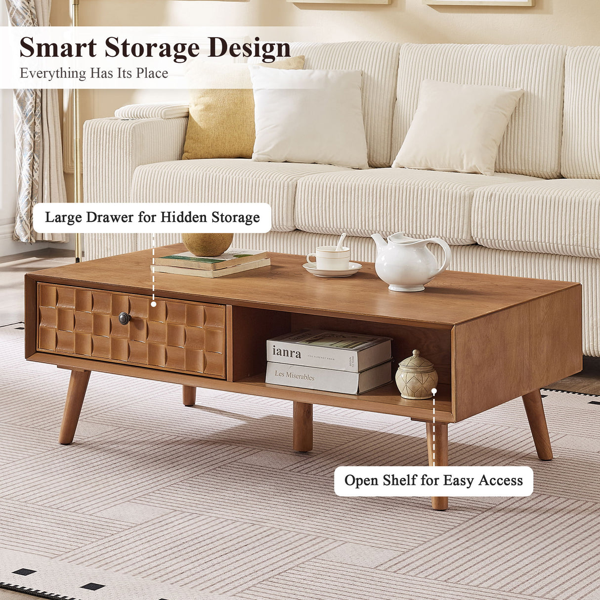 Coffee Table With Hidden Drawer And Open Shelf