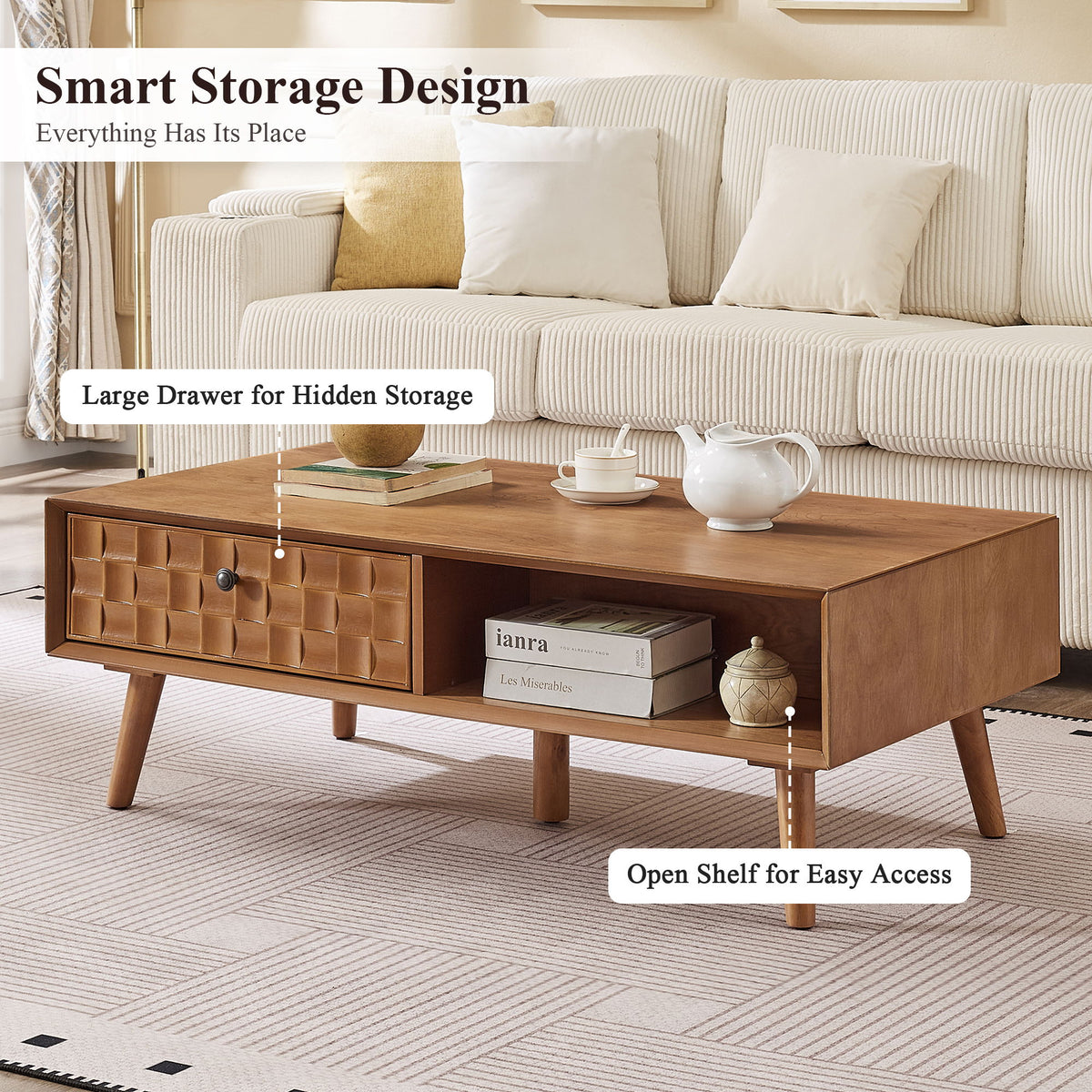 Coffee Table With Hidden Drawer And Open Shelf