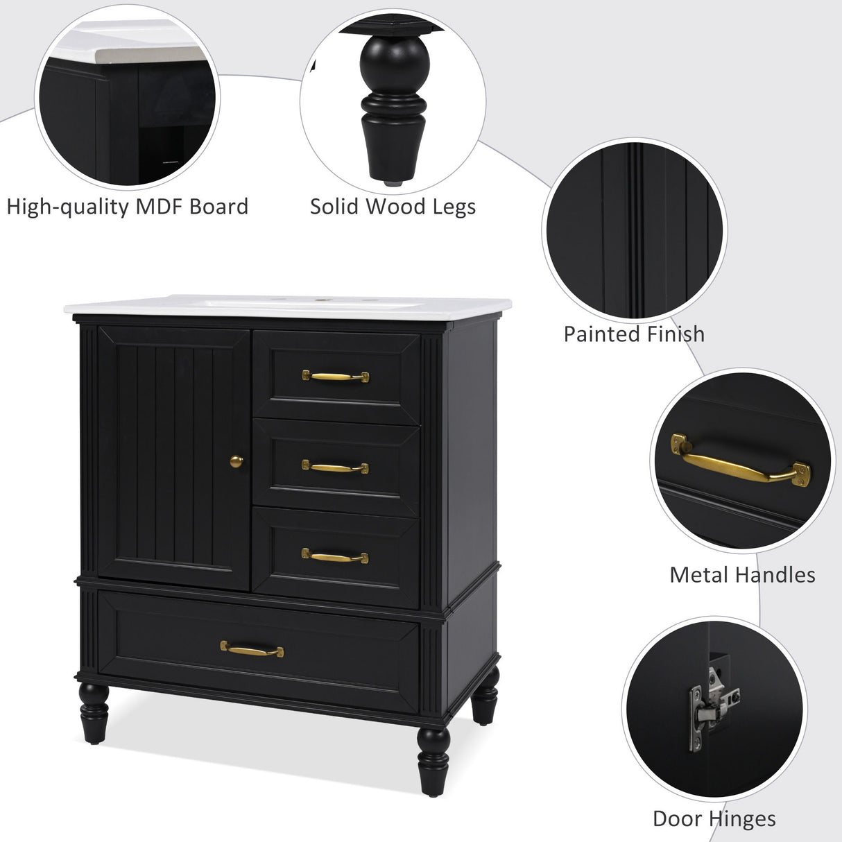 30" Bathroom Vanity With Sink, 3 Drawers, Adjustable Feet