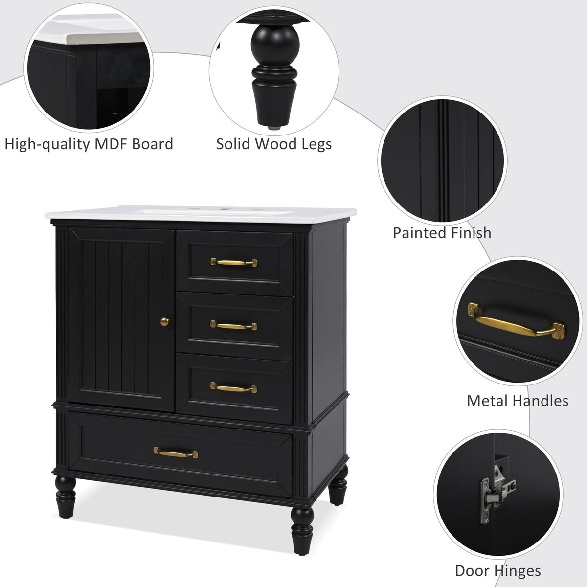 30" Bathroom Vanity With Sink, 3 Drawers, Adjustable Feet