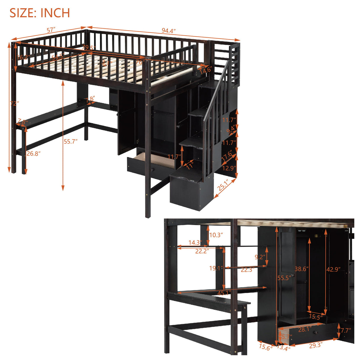 Loft Bed With Bookshelf, Drawers, Desk, And Wardrobe