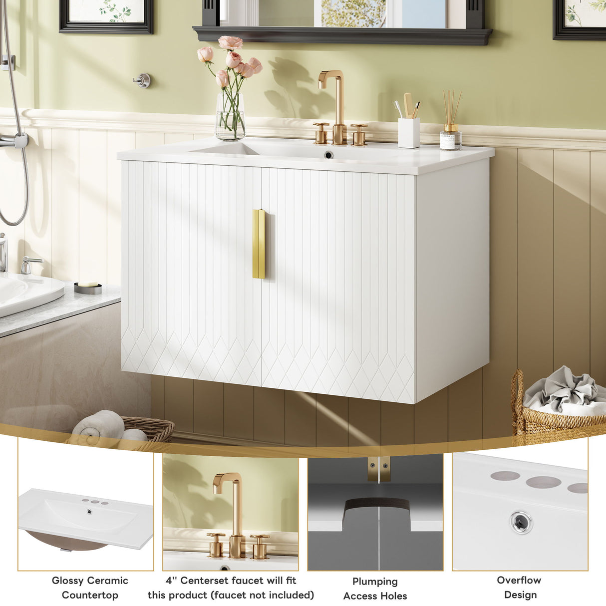 Bathroom Vanity With Sink, Rectangular Storage Cabinet With 2 Soft Closing Doors - White