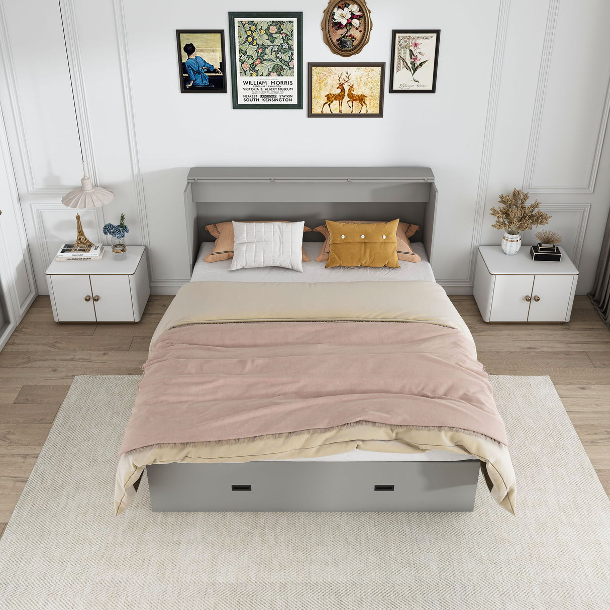 Full Murphy Bed With Storage Drawers, Charging Station, Foldable Panels, And Silent Swivel Wheels