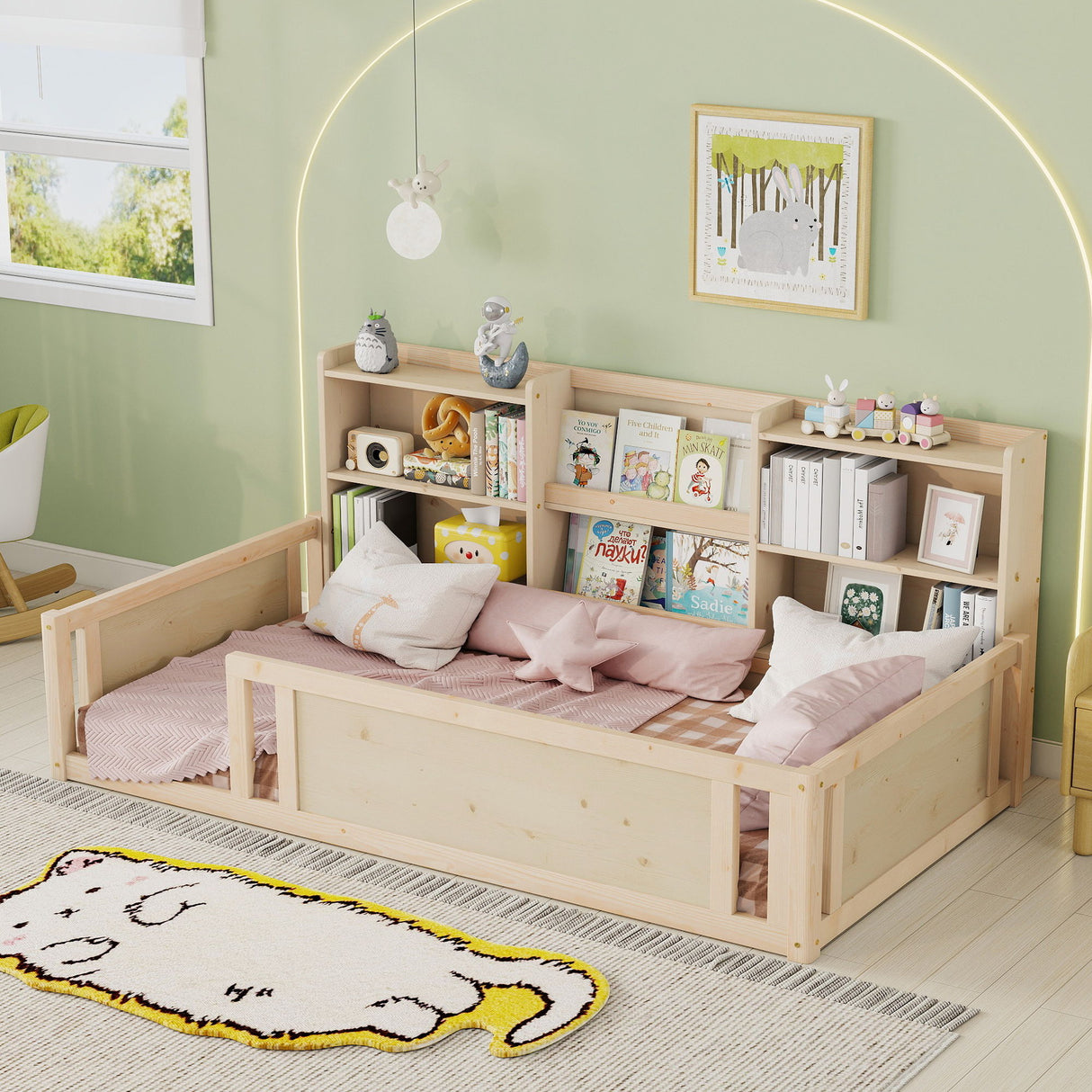 Platform Floor Bed With Guardrail Fence And Side Storage Shelves