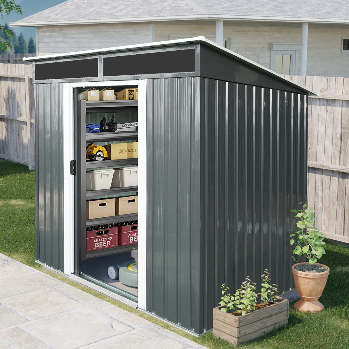 Outdoor Metal Storage Shed Garden Building with Sliding Doors and Foundation