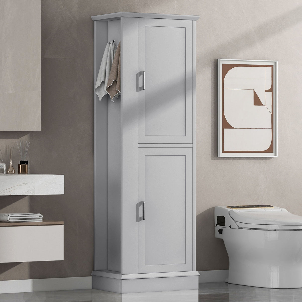 Tall Freestanding Bathroom Storage Cabinet With Adjustable Shelves And Side Hooks