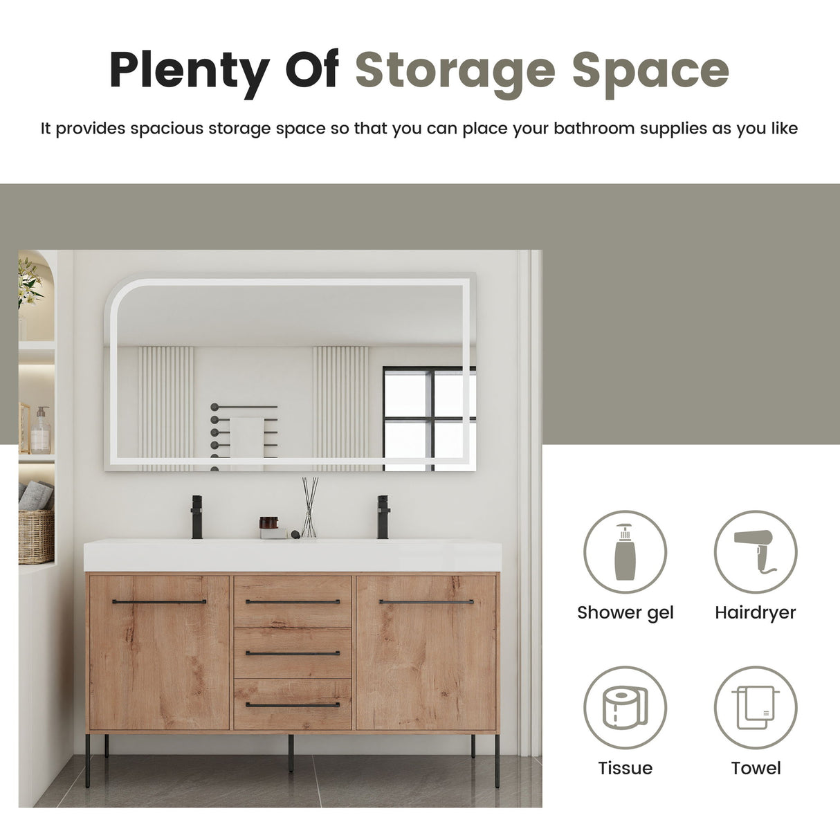 60" Freestanding Bathroom Vanity With Double Sink, Soft Close Doors, 3 Drawers - Imitative Oak