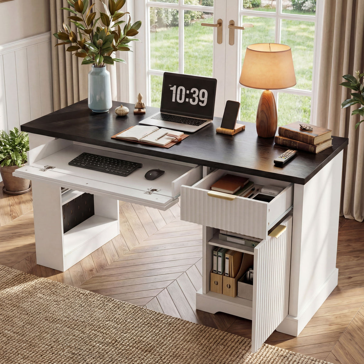 Fluted Office Desk With Storage Cabinet, Drawers, Power Outlet, Pegboard & Keyboard Tray - White