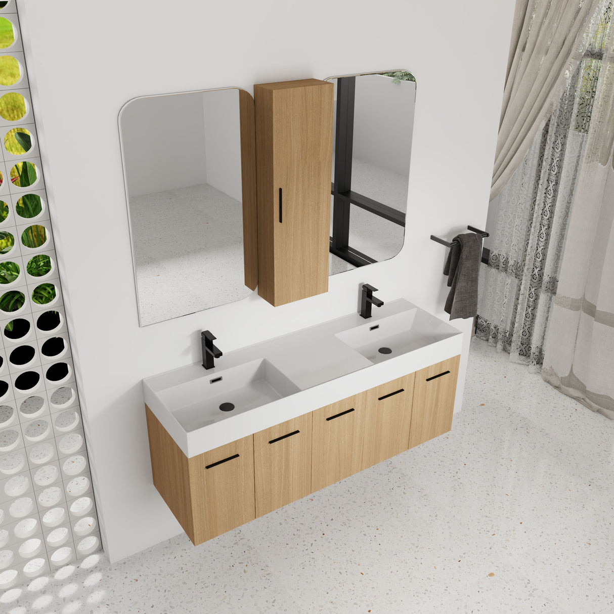 Floating Double Sink Bathroom Vanity Set With Tall Linen Cabinet, Extra Large Storage, Integrated Sink, Soft Close Doors - Glossy White / Light Oak