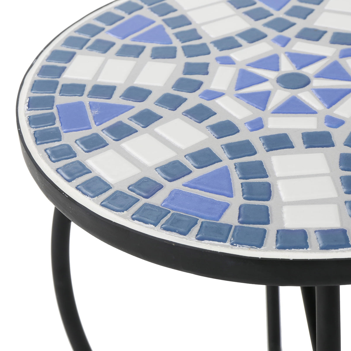 Outdoor Round Side Table With Mosaic Style Top And Curved Iron Legs - Blue / Matte Black