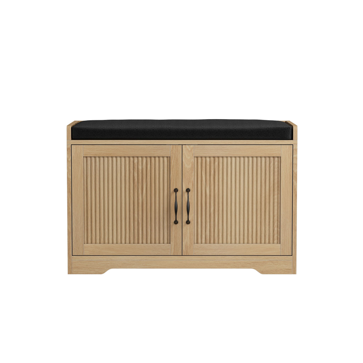 Entryway Shoe Bench With Double Doors, Upholstered Seat - Oak