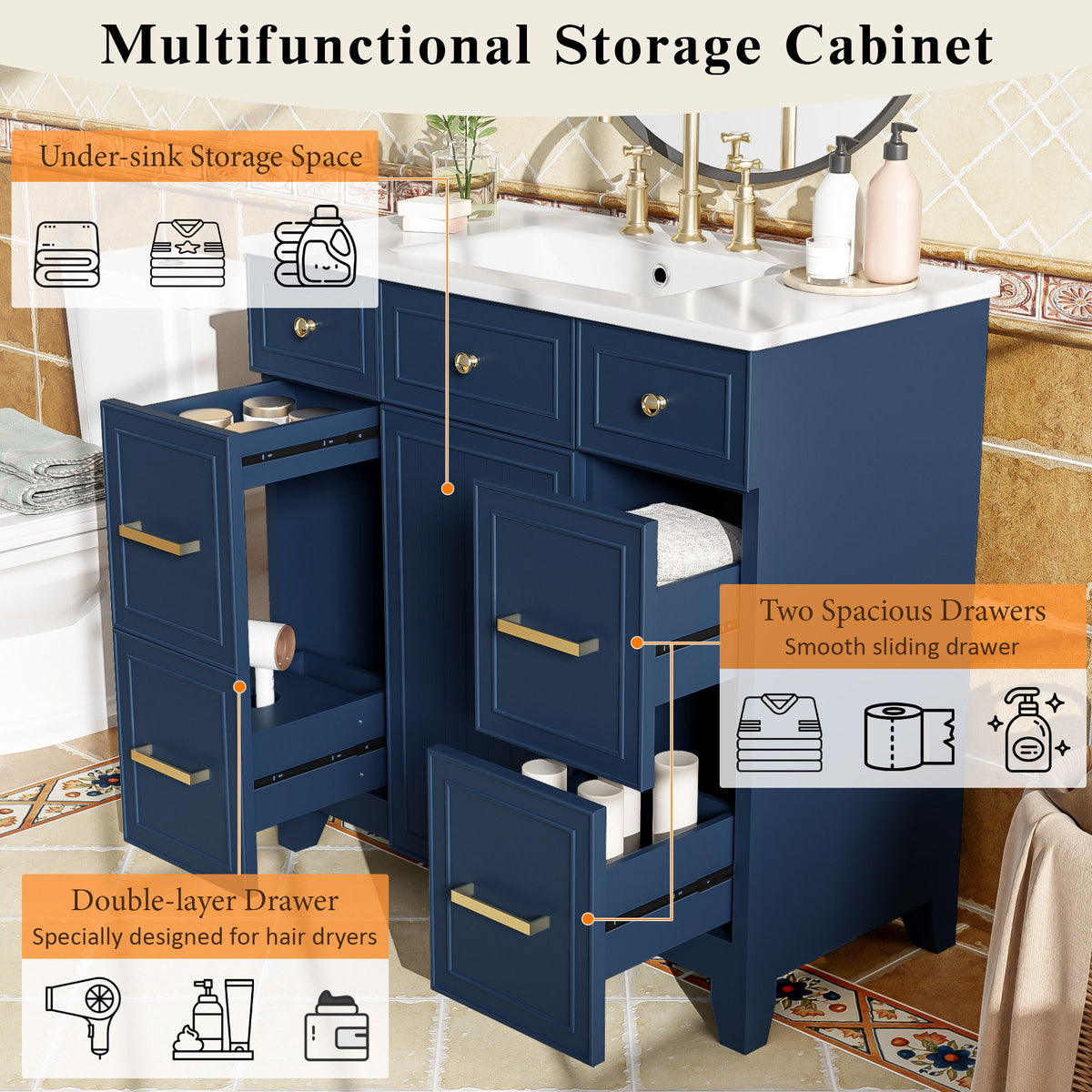 Bathroom Vanity With Ceramic Sink, Soft Close Doors, Adjustable Shelves
